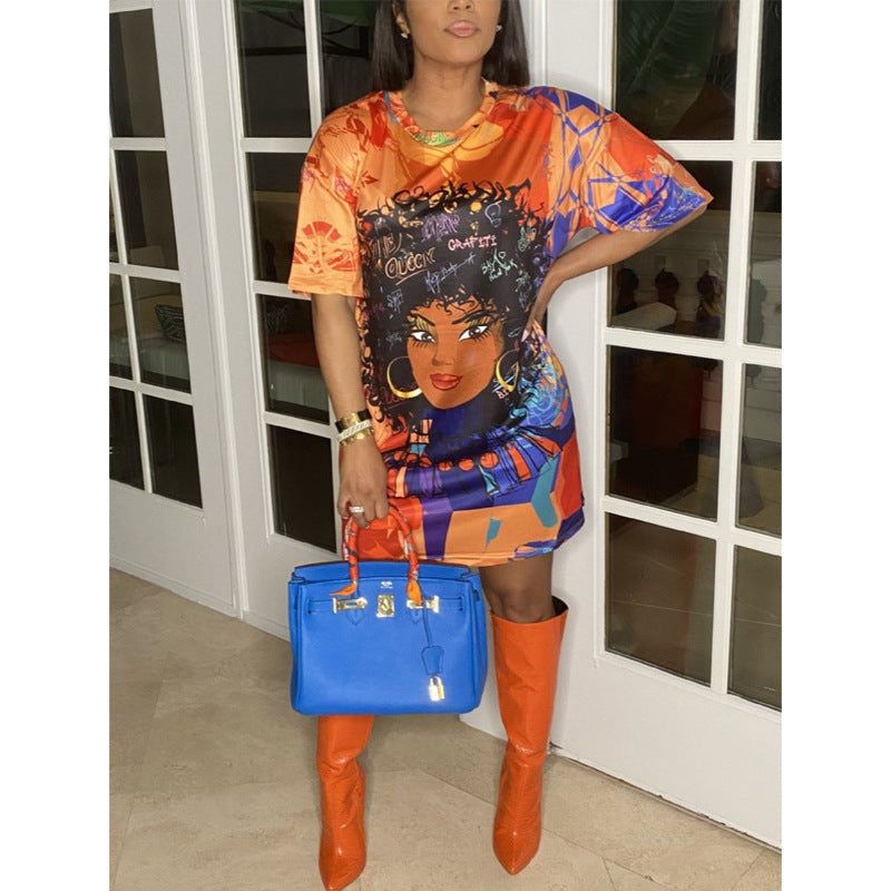 Printed Round Neck Short Sleeve Loose Dress