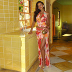 Sexy Hot Girl Flower Print V-neck Halter Split Dress Suit