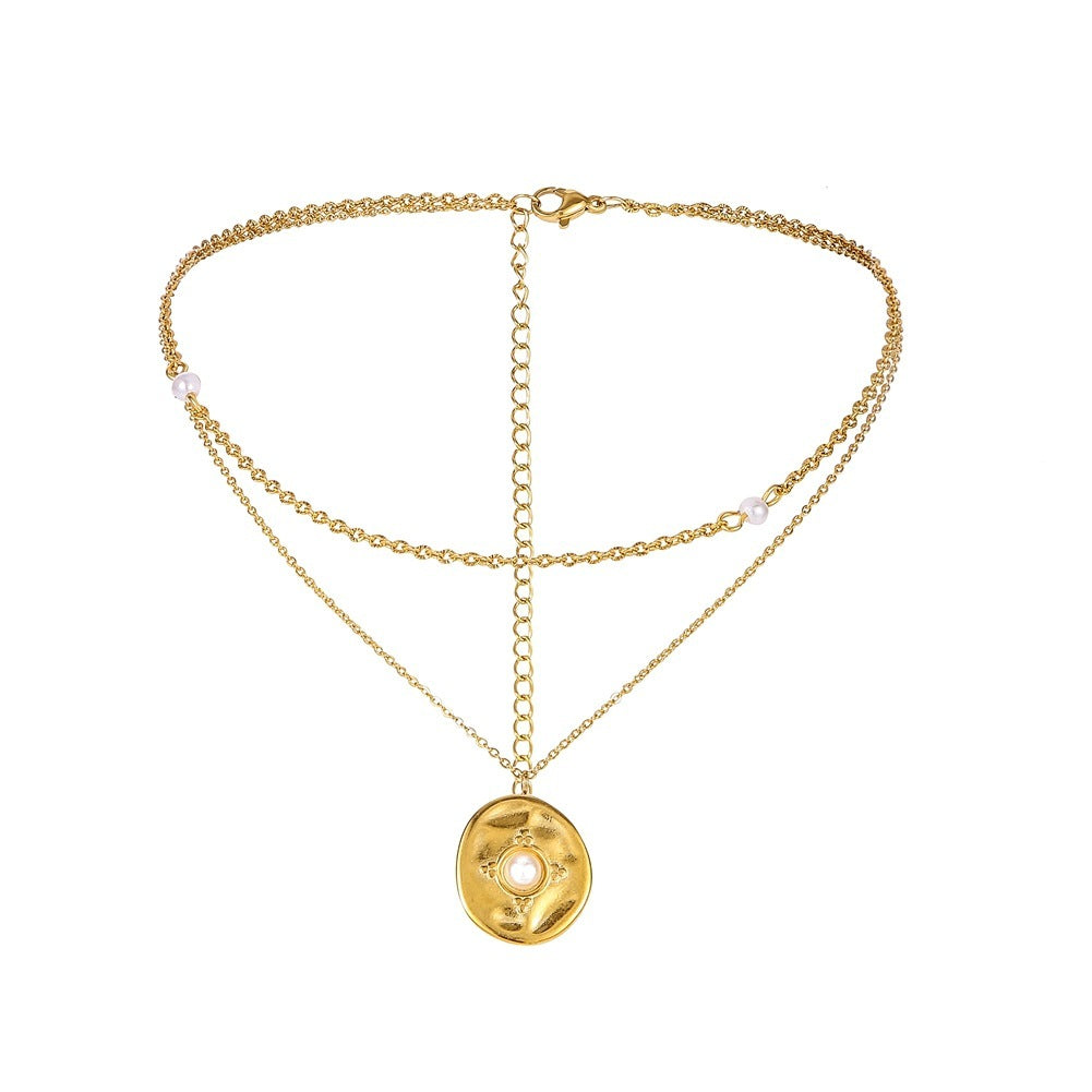 Coin Pearl Pendant Necklace Titanium Steel Necklace