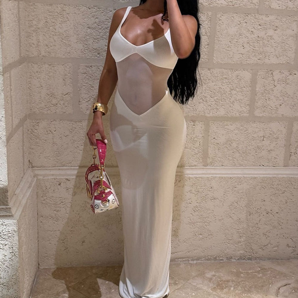 Sexy Patchwork Mesh Solid Color And V-neck Long See-through Dress