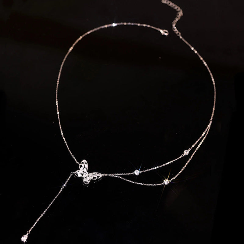 Double-layer Zircon Butterfly Tassel Necklace