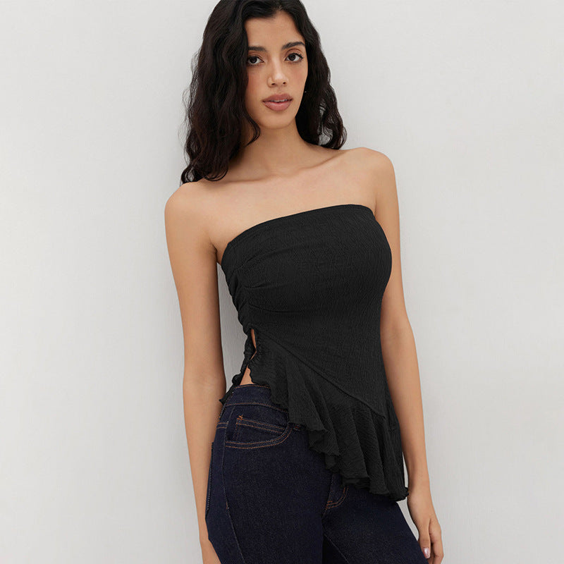 European And American Pure Color Tube-top Voile Wavy Edge Sexy T-shirt