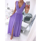 Women's Summer Sleeveless And Ankle Skirt Solid Color V-neck Front Split Long Dress