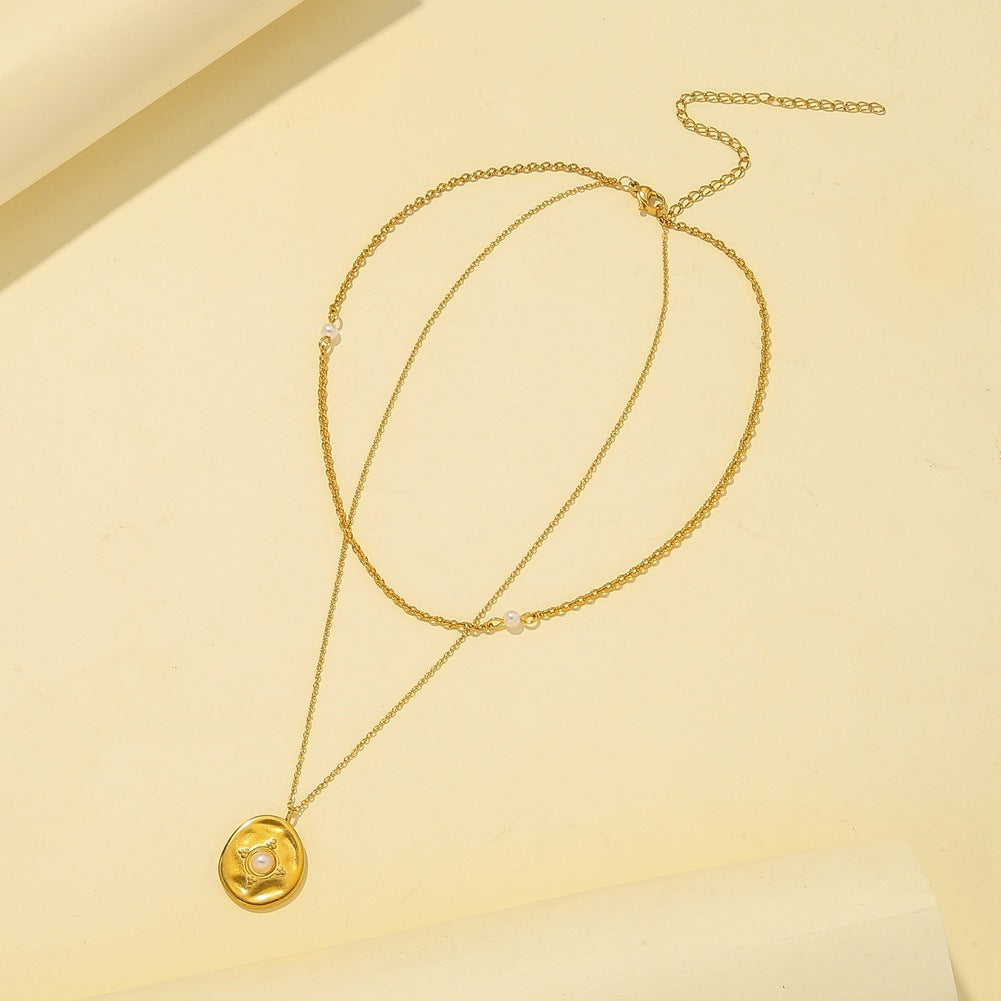 Coin Pearl Pendant Necklace Titanium Steel Necklace