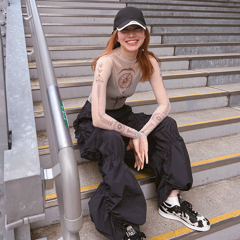 Sexy Hot Girl Style Pattern Printing Long Sleeve Mesh Inner Wear Slim Fit Slimming Top